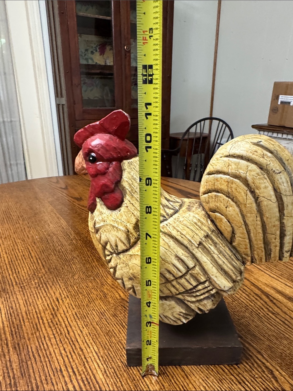 Vintage faux, wood carved rooster figurine on stand. Farmhouse decor. - Picture 7 of 7